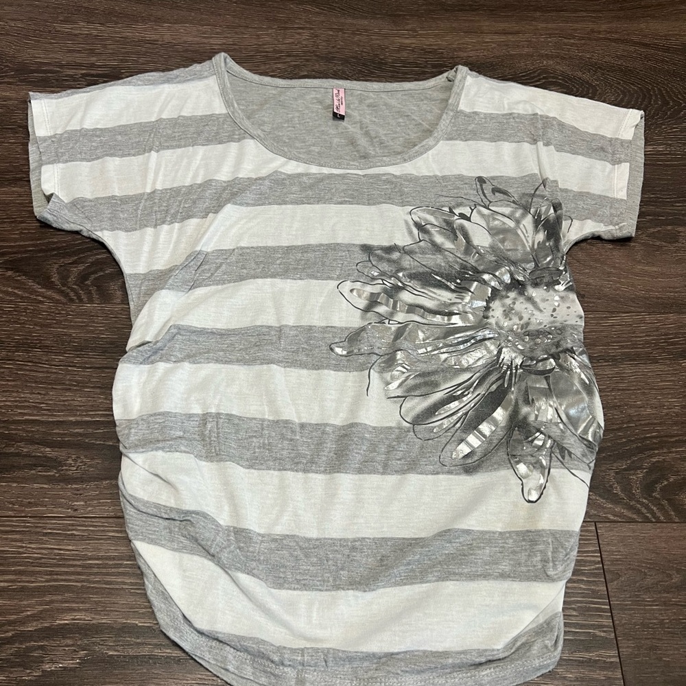 Mom’s the Word Striped Maternity Shirt with Floral Design